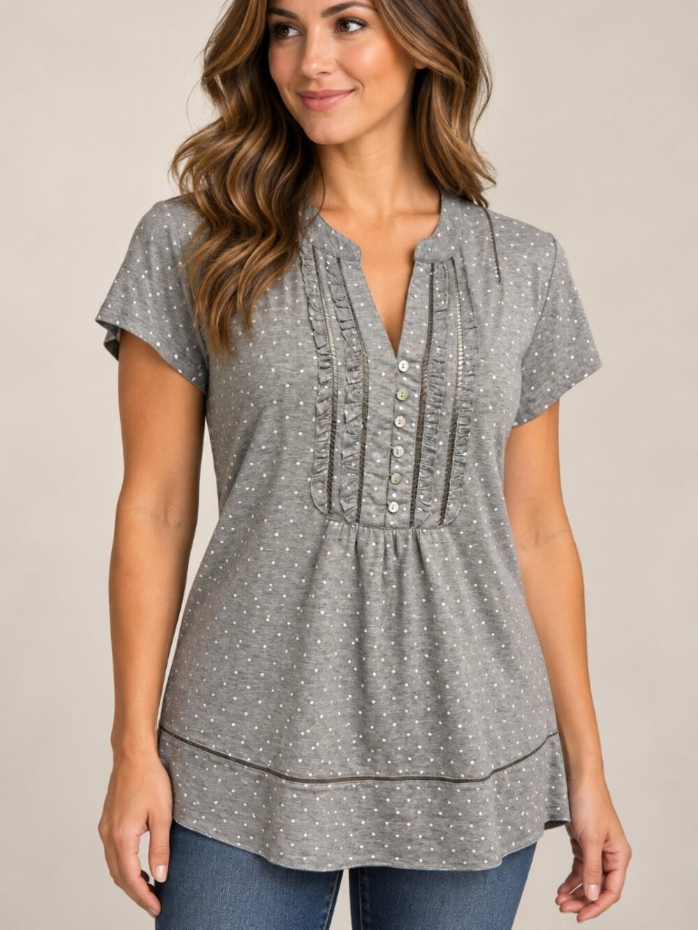 Aria Gray White Polka Dot Ruffle Bib Short Sleeve Feminine Top Small